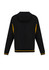 A black soft shell jacket with yellow accents, featuring a hood and a logo on the back.