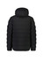 A black unisex hooded puffer jacket with a quilted design and a logo on the sleeve.
