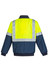 A high-visibility quilted flying jacket in yellow and navy, featuring reflective stripes, with a logo present.