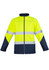 A unisex hi vis softshell jacket in bright yellow with navy blue sleeves and reflective stripes. It features a logo.