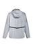 A grey unisex reflective waterproof jacket with a hood and black detailing on the back. Features a logo.
