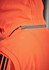 An orange unisex softshell jacket with a zipper and hood, featuring black stripes and a logo.