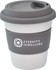 A reusable ceramic mug in white and grey, featuring a silicone lid and grip band, with a logo on the side.