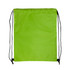 A bright green drawstring backpack with black straps.