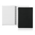 A spiral-bound A5 notebook with a sleek black cover, featuring lined pages inside.