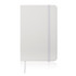 A grey A6 notebook journal with a sleek leather-look cover and an elastic band. It features a ribbon bookmark and has a logo.