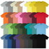 A collection of unisex T-shirts in various colours, arranged in rows, featuring a logo on each shirt.