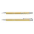 A metal pen in a shiny gold colour with silver accents and a clip, featuring a sleek design.
