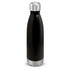 A drink bottle with a sleek black exterior and a silver cap, featuring a stainless steel base for durability.