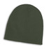 A dark green cable knit beanie with a ribbed texture and a logo.