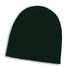A black cable knit beanie with a ribbed texture and a simple design. It features a logo.