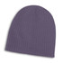 A purple cable knit beanie with a ribbed texture and a rounded top. It features a logo.