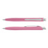 A pink plastic pen with a silver clip and detailing, featuring a smooth, sleek design.