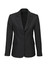A black longline jacket with a notched lapel, featuring two front pockets and a single-button closure. It has a logo.