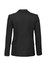 A black women's longline jacket with a tailored fit and buttoned cuffs, featuring a logo on the back.