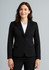 A black mid-length women's jacket featuring a two-button design and a tailored fit, complete with a subtle logo.