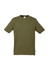 A short sleeve tee in olive green, featuring a round neckline and a simple design with a logo.
