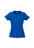 A blue women's short sleeve tee shirt featuring a logo on the front.
