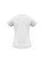 A white women's short sleeve tee with a fitted design and a logo on the back.