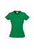 A short sleeve tee in vibrant green, featuring a fitted design and a label inside. The shirt has a logo but no text.