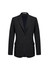 A black longline jacket with a single button front, featuring two side pockets and a tailored fit.