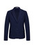 A navy mid-length women's jacket with a notched lapel and two-button closure, featuring two side pockets and a branding logo.