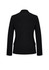 A black mid-length jacket with long sleeves and a tailored back design. It features a logo on the fabric.