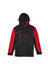 A unisex jacket featuring black and red panels, with a hood and zippered pockets, and a logo detail.