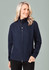 A navy women's soft shell jacket with a zip front and side pockets, featuring a sleek design and a logo.