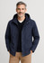 A navy men's jacket with a hood, featuring a zip and button closure, displayed on a man.