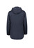 A women's jacket in navy blue with a hood and a slightly loose fit, featuring a logo on the back.