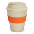 A drink bottle in a tan colour with a textured finish and an orange silicone band. It features a lid with a drinking slot.