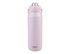 A drink bottle in pastel pink, featuring a quick release lid and a logo on the front.