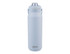 A drink bottle in pale blue with a vacuum quick release lid and a handle. Features an oval logo on the front.
