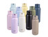 A drink bottle collection featuring various colours, including pastel blue, yellow, green, pink, white, black, and beige. Each has a logo.