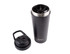 A drink bottle in matte black finish with a removable lid, featuring a built-in mixing mechanism and a logo.
