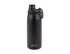 A drink bottle in matte black with a screw cap and a carry loop, featuring a logo.