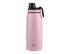 A drink bottle in a soft pink shade with a screw cap and a black lid, featuring a logo.