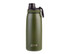 A drink bottle in olive green with a vacuum seal and a screw cap, featuring a logo on the front.