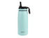 A drink bottle in light blue with a black spout and handle, featuring a simple branding logo.