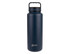 A drink bottle in navy blue with a black lid and handle, featuring a logo on the front.