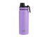 A drink bottle in lavender with a black screw cap and a carry handle, featuring a logo.