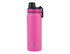 A drink bottle in vibrant pink with a screw cap and a branded logo, featuring a sleek design.