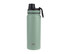 A drink bottle in a matte green finish with a screw cap and a strap, featuring a logo.