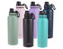 A drink bottle collection featuring various colours: pink, purple, black, teal, and dark blue, each with a screw cap and logo.