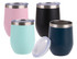 A drink bottle featuring four vacuum wine tumblers in pink, black, mint green, and dark blue, each with a lid.