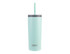 A drink bottle with a light teal finish, featuring a straw and a lid, and a logo on the front.