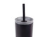 A drink bottle featuring a sleek black design with a grey lid and a black straw. It has a logo on the side.