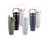 A drink bottle collection featuring six vacuum carry tumblers in green, pink, navy, white, and light blue, with a logo.