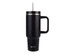 A drink bottle in matte black with a handle, stainless steel straw, and a logo. Ideal for travel.